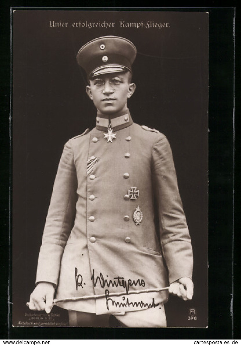 Foto-AK Sanke Nr. 378: Flieger Leutnant Kurt Wintgens In Uniforn Mit Eisernem Kreuz  - 1914-1918: 1st War