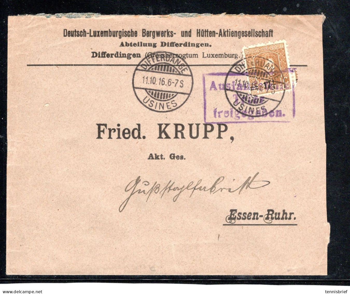 1916 , 12 1/2 C. Perfin " DL " Dt.Lux. Hütten  Bf An Krupp In Essen , Zensur-Stp#106 - 1914-24 Maria-Adelaide