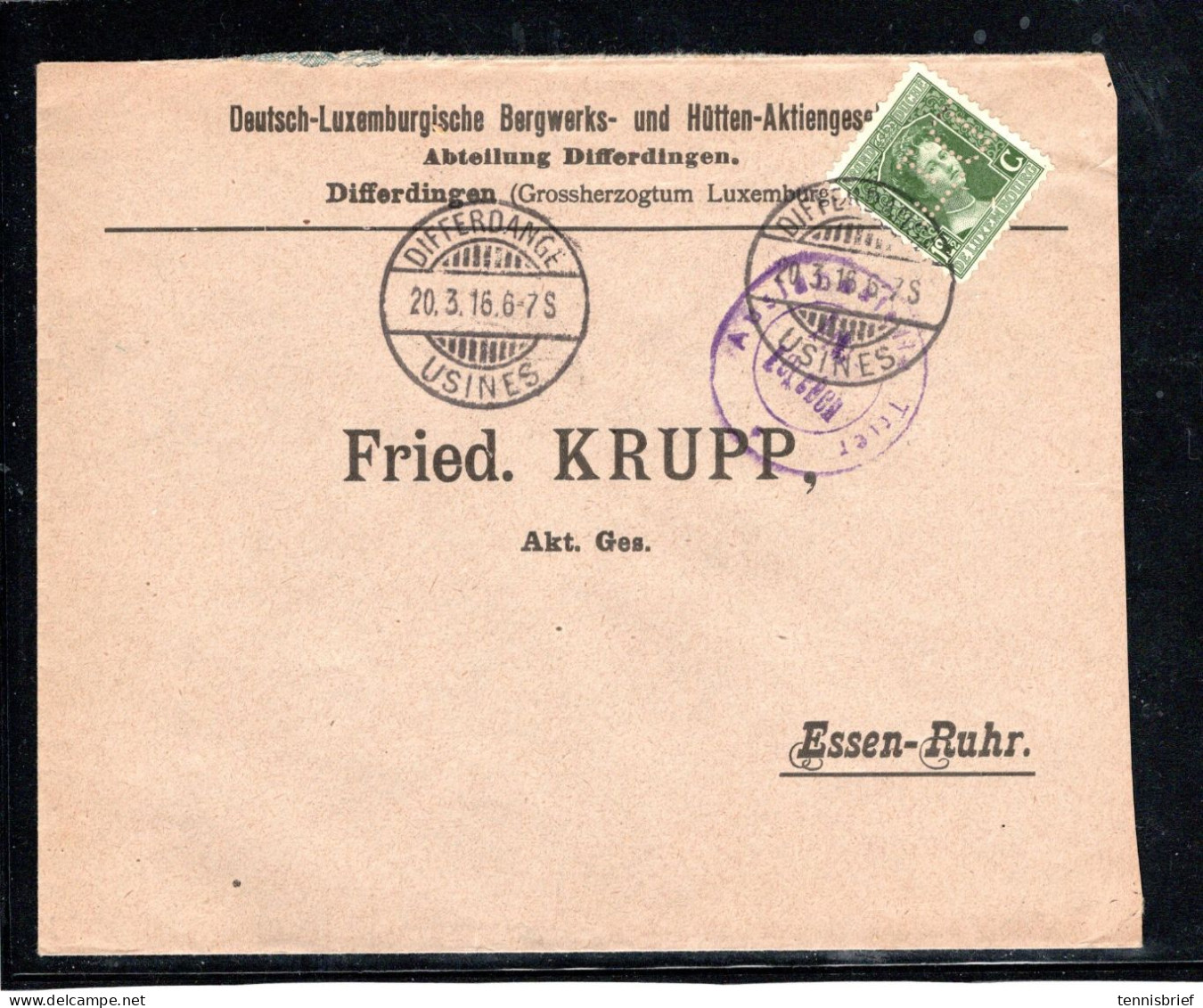 1916 , 12 1/2 C. Grün ,  Perfin " DL " ,Vordruck "Dt.Lux. Hütten... "  Bf An Krupp In Essen , Zensur-Stp #106 - 1914-24 Marie-Adélaïde