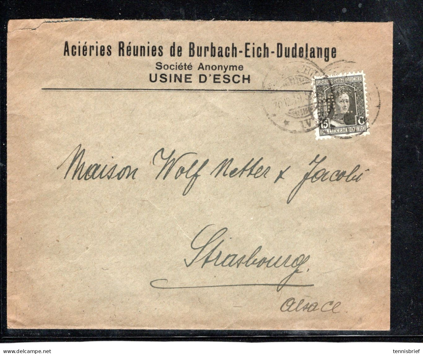 1919 ,15 C.,seltenes  Perfin " WE " ,Vordruck " Acieres Reunies Burbach-Eich -Dud.-Usine Es."  Bf Nach Frankr. R!!  #106 - 1914-24 Marie-Adélaïde