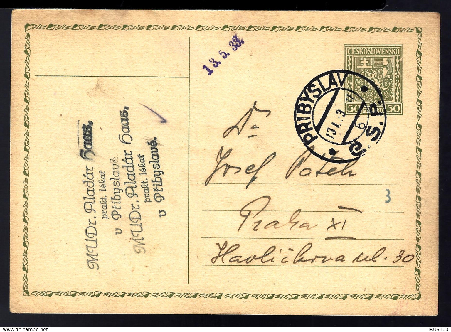 ENTIER POSTAL - GANZSACHE - TCHECOSLOVAQUIE / PRIBYSLAV - 1933 - - Ansichtskarten