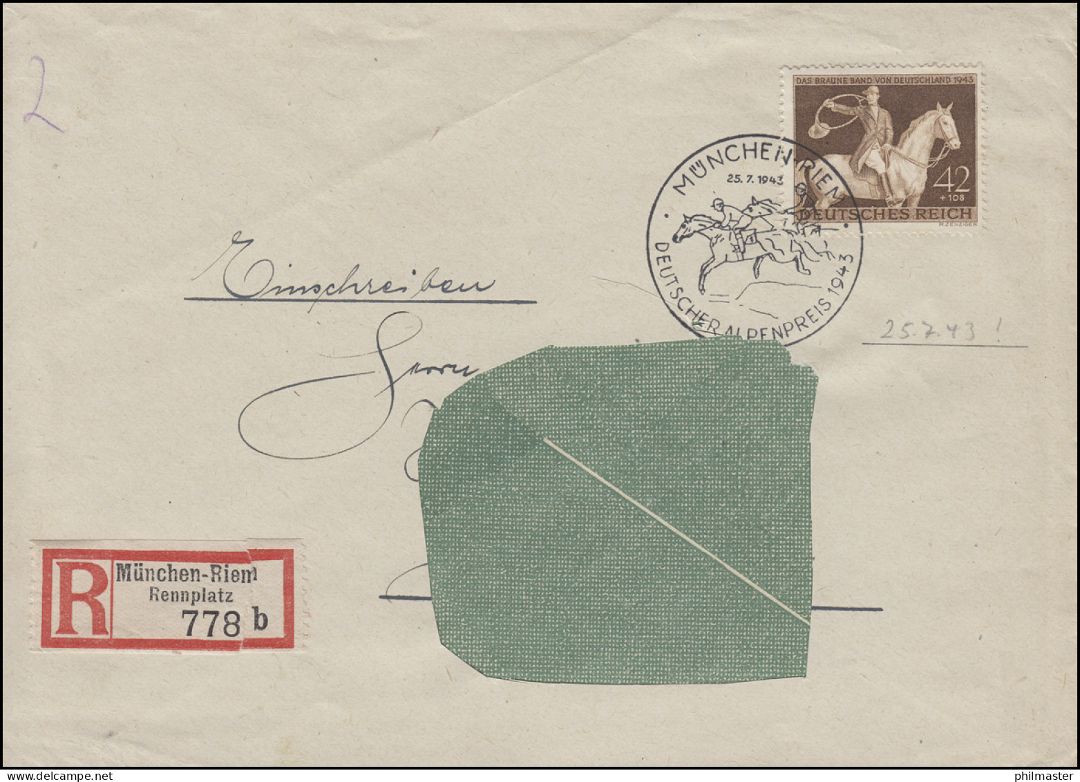 854 Das Braune Band Auf Vor-R-FDC Sonder-R-Zett. MÜNCHEN-RIEM Rennplatz 25.7.43  - R- & V- Labels