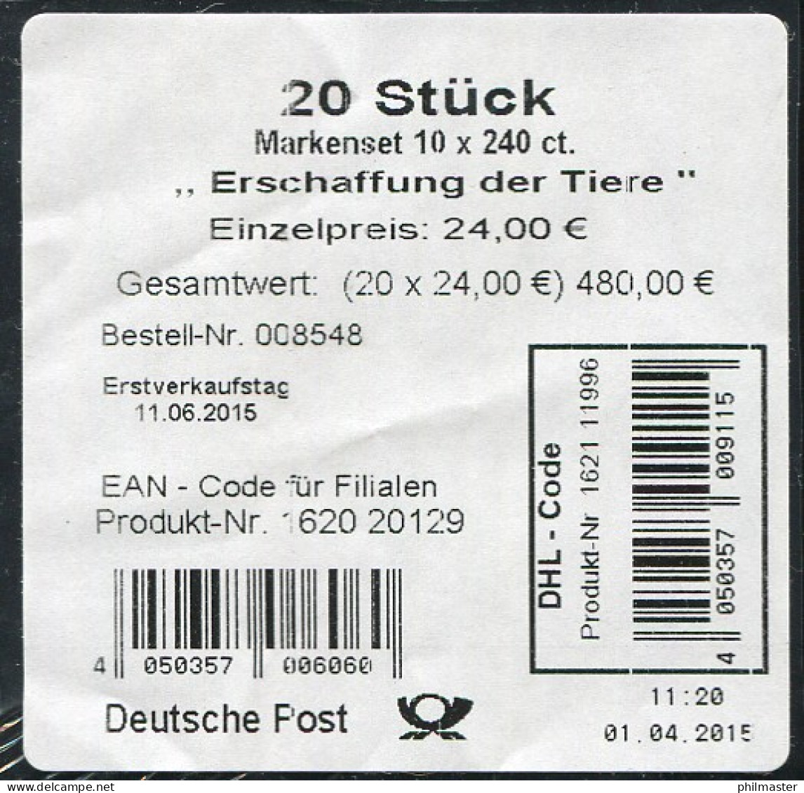 99 MH Meister Bertram: Erschaffung Der Tiere, Banderole Mit DHL-Code - 2011-2020