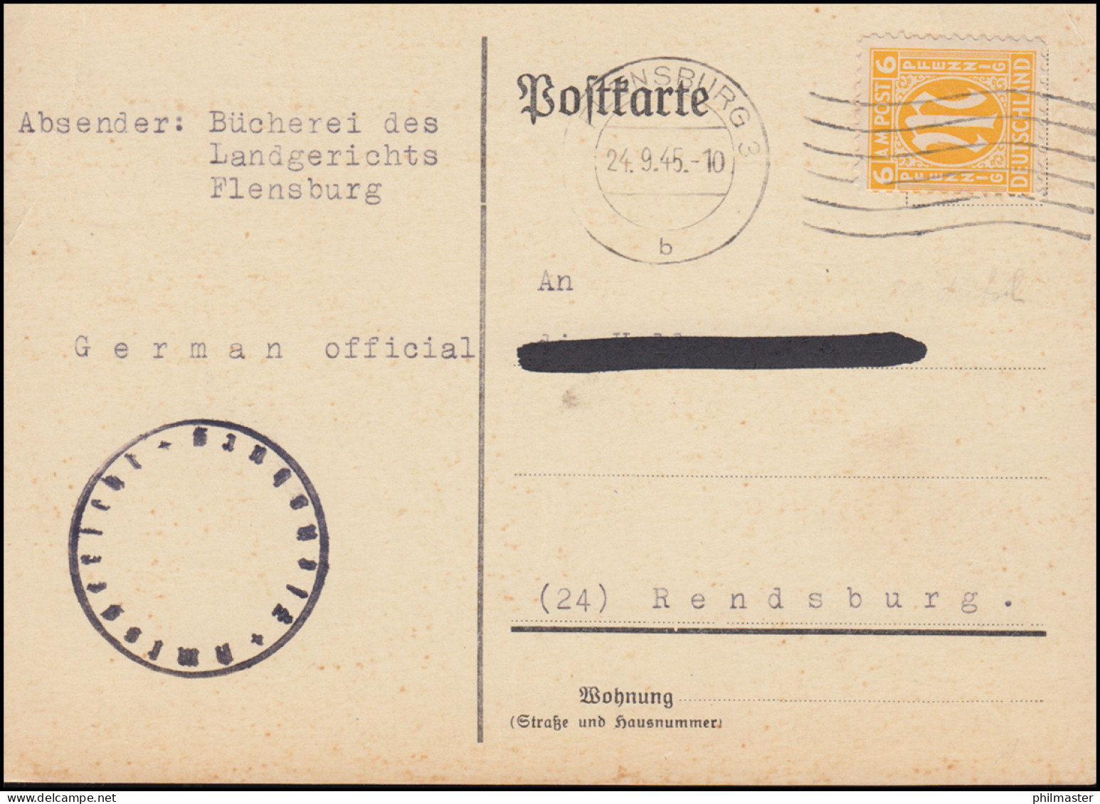 4 AM-Post 6 Pf. EF Postkarte Amtsgericht Bücherei FLENSBURG 24.9.45 N. Rendsburg - Schrijvers