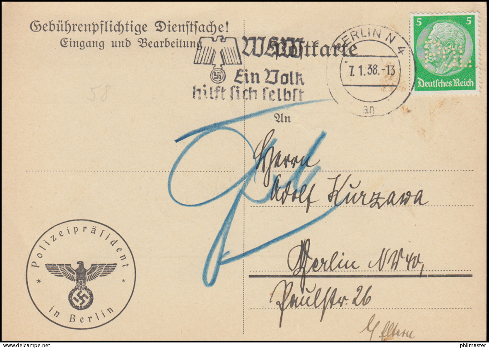 Gebührenpflichtige Dienstsache Polizeipräsident BERLIN 7.1.38 Wehrpass-Abholung - Militaria