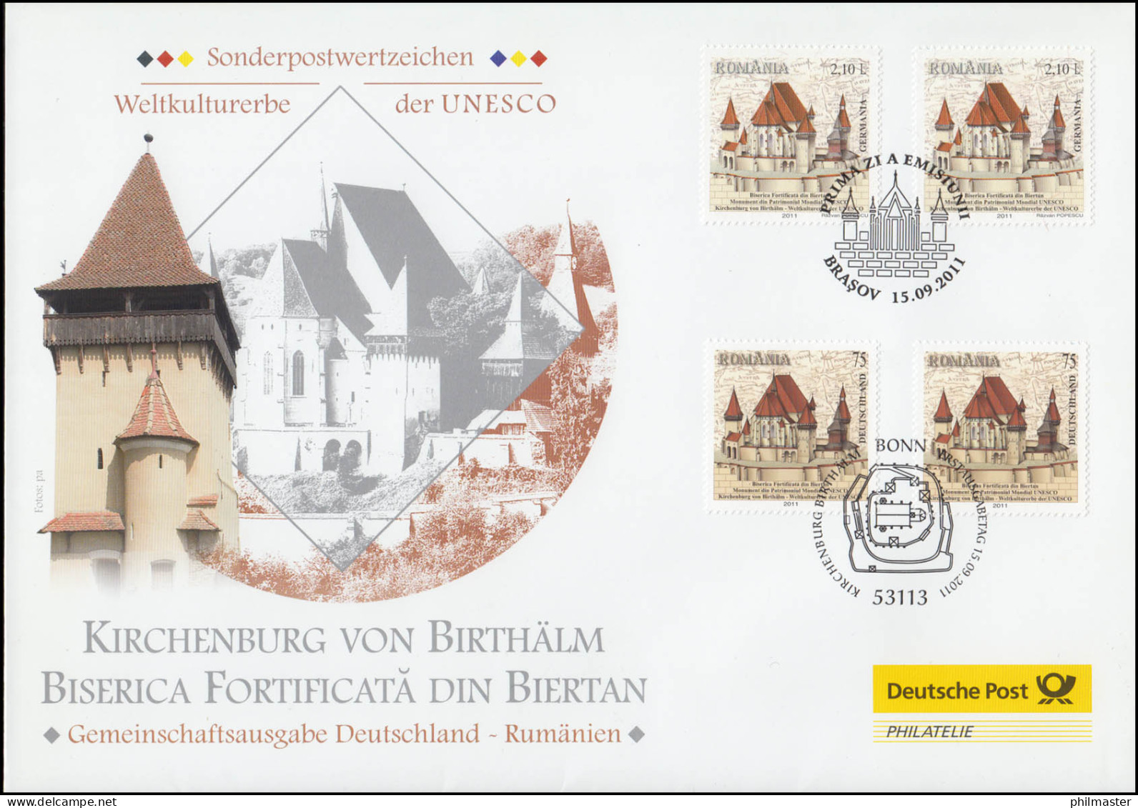 2889 Kirchenburg Von Birthälm, Schmuck-FDC Deutschland ESSt Bonn Und Brasov 2011 - Cartas & Documentos