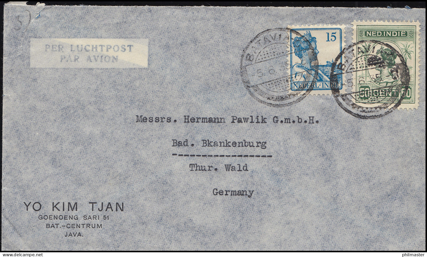 KLM-Letztflug FOKKER F-XII PH-AIH Havik 5.6.1935 Brief BATAVIA Nach Deutschland - Airmail