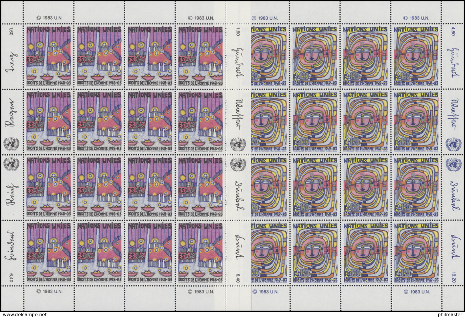 UNO Genf 117-118 Menschenrechte / Hundertwasser 1983, Kleinbogen-Satz ** - Autres & Non Classés