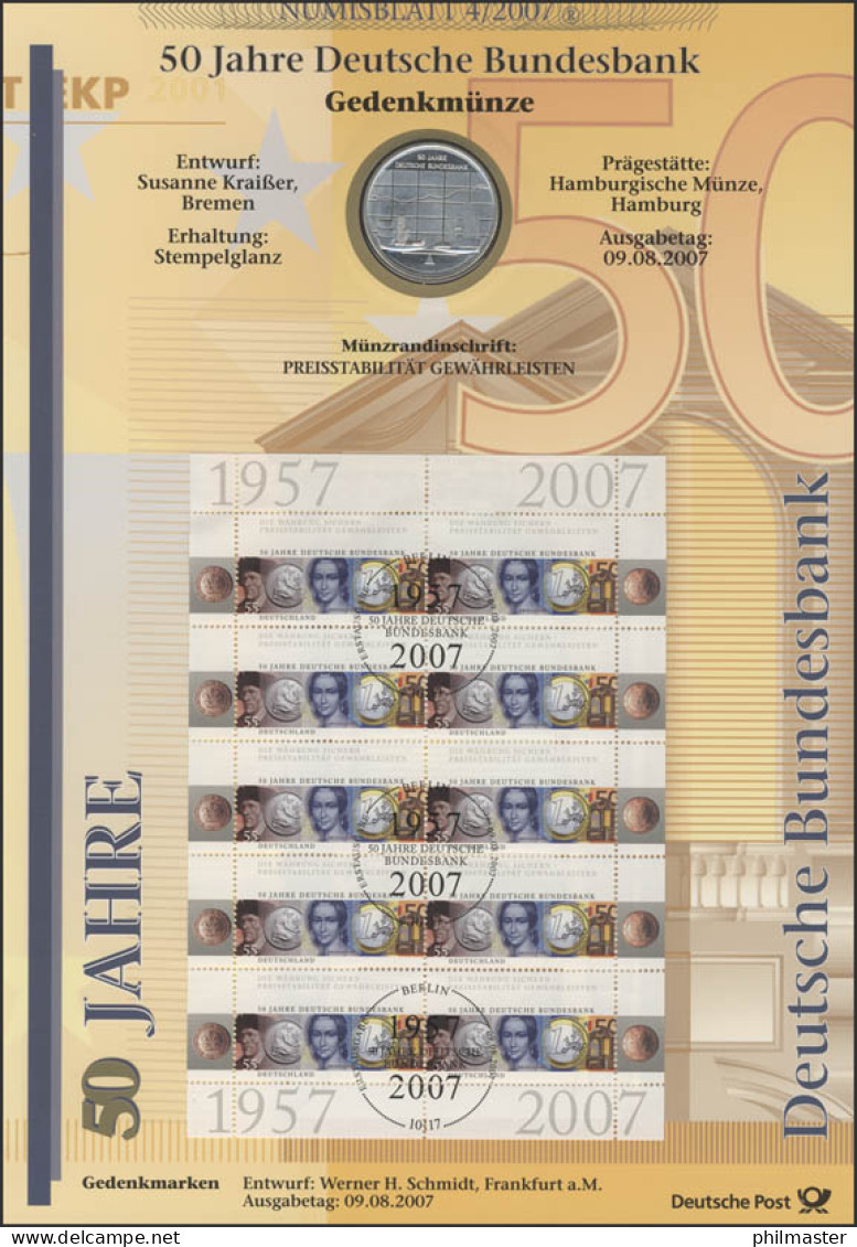 2618 50 Jahre Deutsche Bundesbank - Numisblatt 4/2007 - Enveloppes Numismatiques