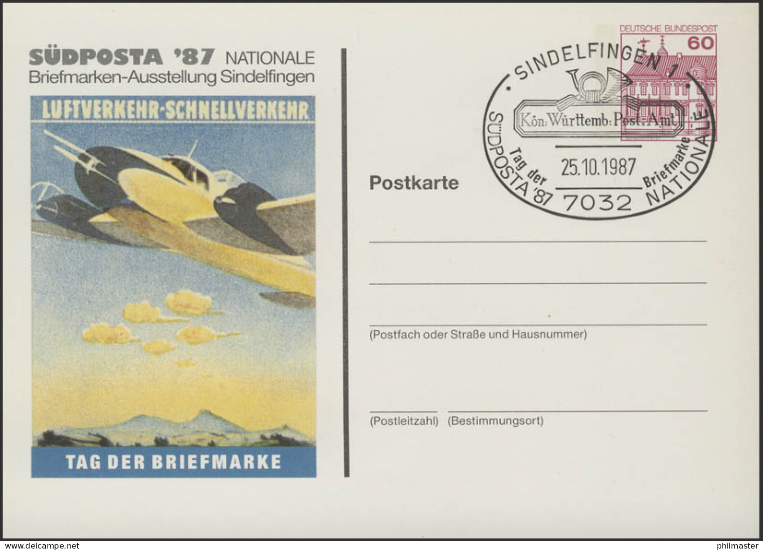 PP 106/150 SÜDPOSTA'87 Luftverkehr Tag Der Briefmarke SSt. Sindelfingen 25.10.87 - Enveloppes Privées - Neuves