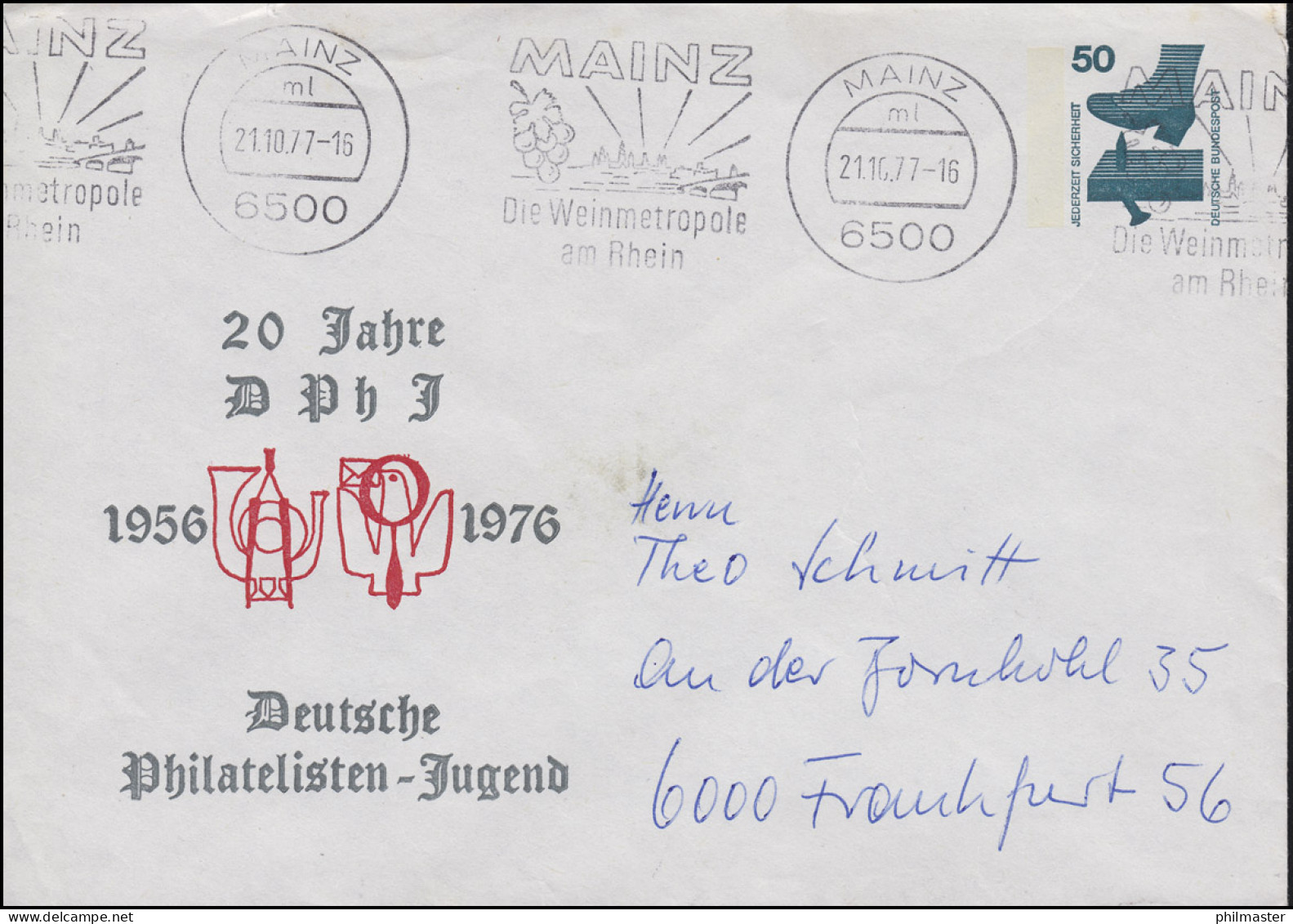 PU 65/47 Unfall 50 Pf. 20 Jahre DPhJ 1956-1976, MAINZ 21.10.1977 Nach Frankfurt - Private Covers - Mint