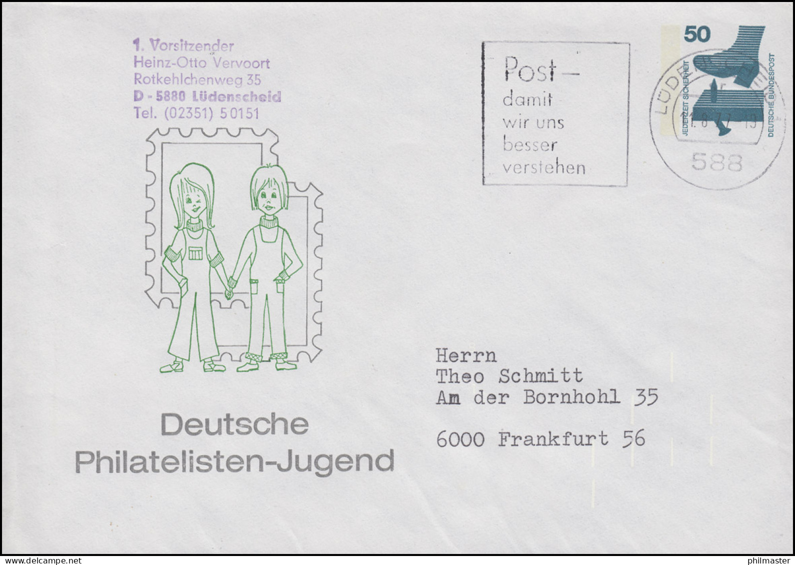 PU 65/14 Unfall 50 Pf. Deutsche Philatelistische Jugend, LÜDENSCHEID 11.8.77 - Privatumschläge - Ungebraucht