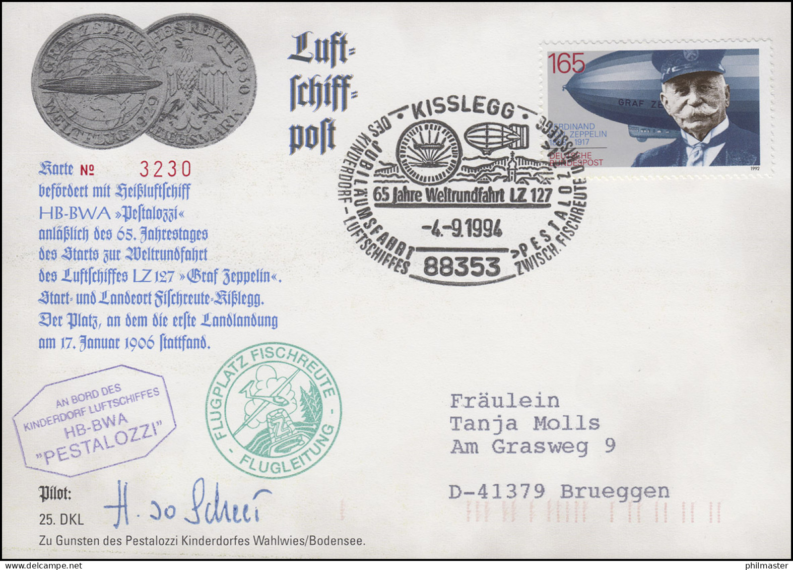 Luftschiffspost DKL 25 PESTALOZZI Weltrundfahrt LZ 127 SSt KISSLEGG 4.9.1994 - Zeppelin