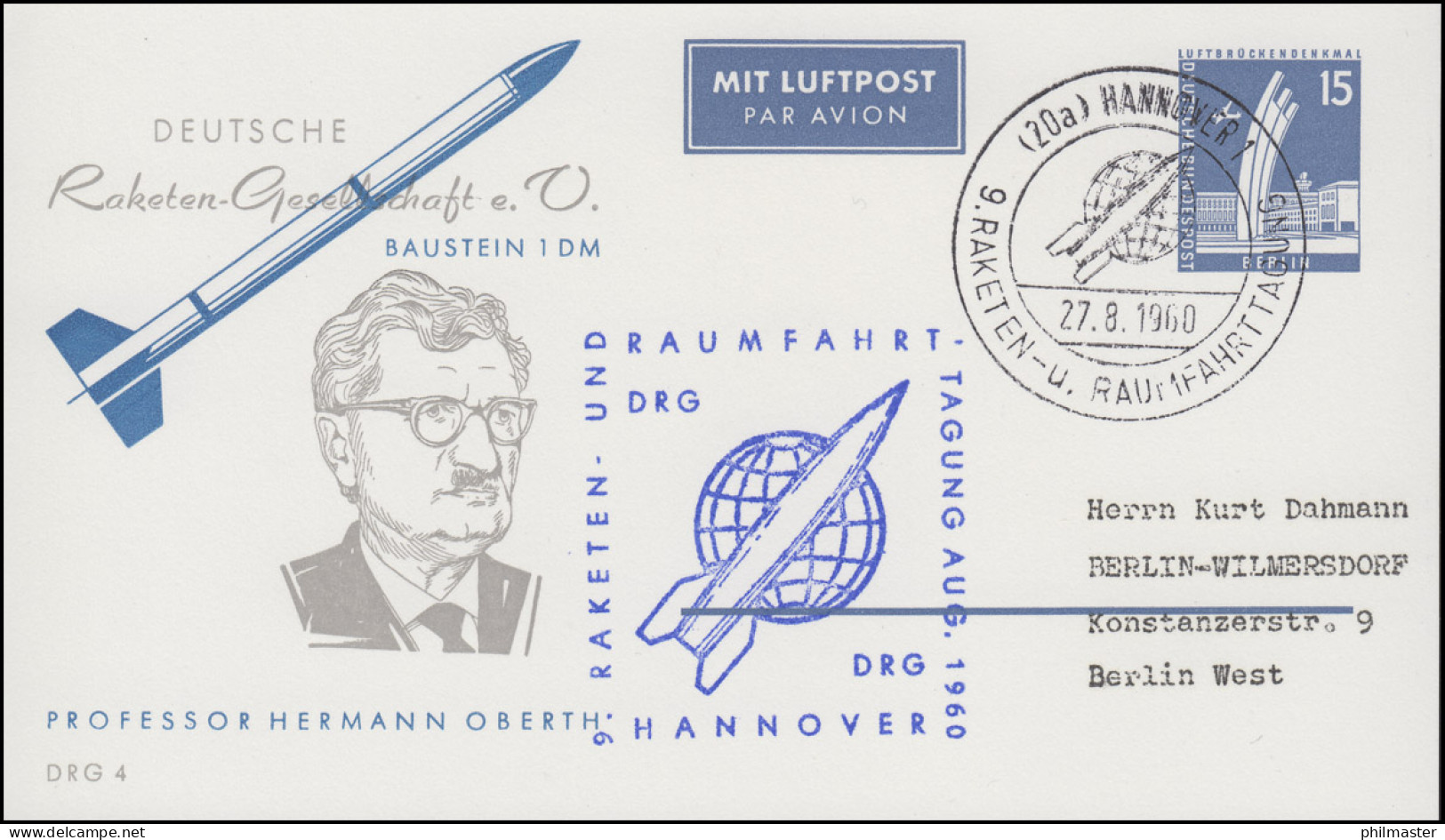 Privatpostkarte PP 19/12 DRG 4 Hermann Oberth 9. Tagung SSt HANNOVER 27.8.1960 - Andere & Zonder Classificatie