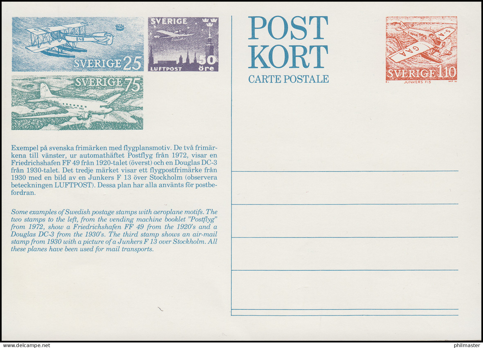 Schweden Postkarte P 101I Tag Der Briefmarke / Charles Lindbergh, Ungebraucht ** - Autres & Non Classés