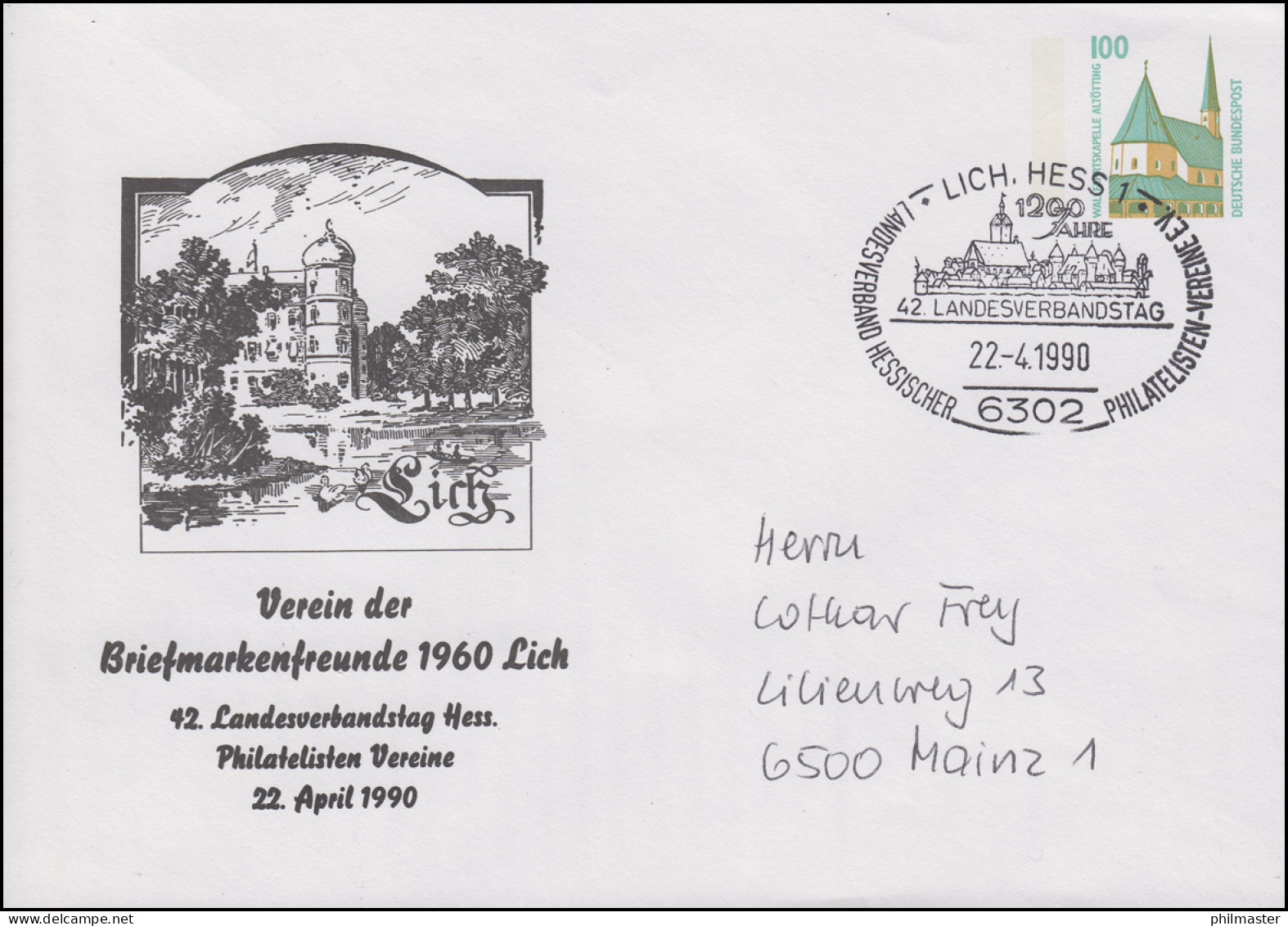 PU 290 SWK 100 Pf. 42. Landesverbandstag Hessen SSt LICH 22.4.1990 Nach Mainz - Private Covers - Mint