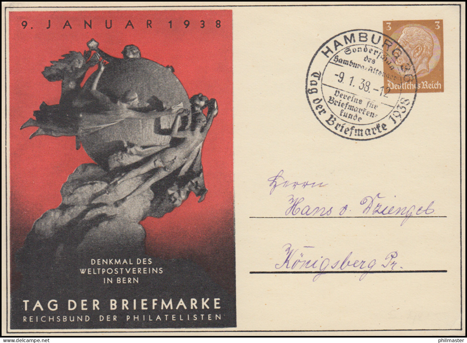 Sonderpostkarte TAG DER BRIEFMARKE Rot Weltpostverein 3 Pf SSt HAMBURG 9.1.38 - Día Del Sello