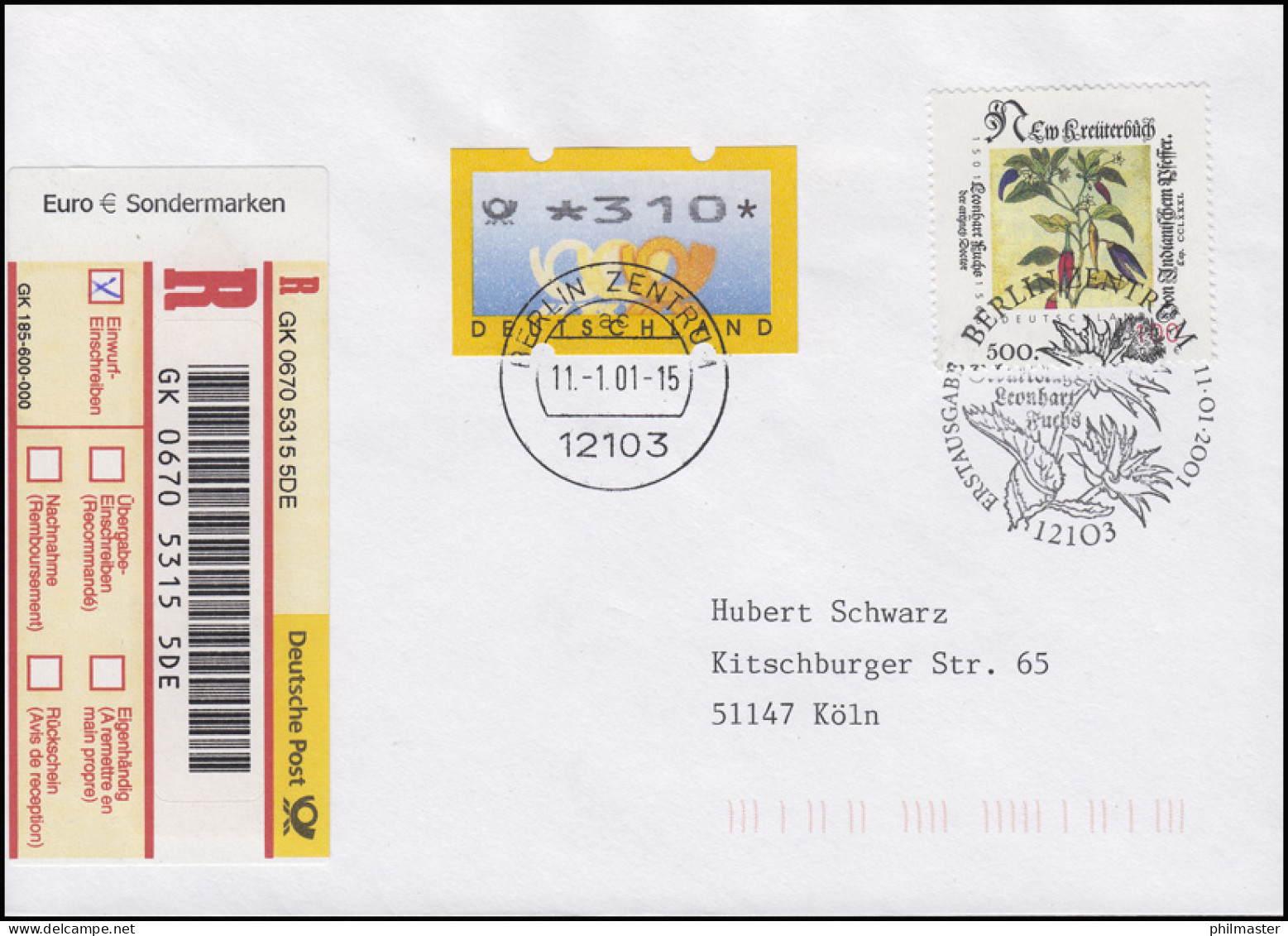 2161 Leonhart Fuchs MiF S-R-Zettel Doppelwährung Auf R-FDC ESSt BERLIN 11.1.01 - R- & V- Labels