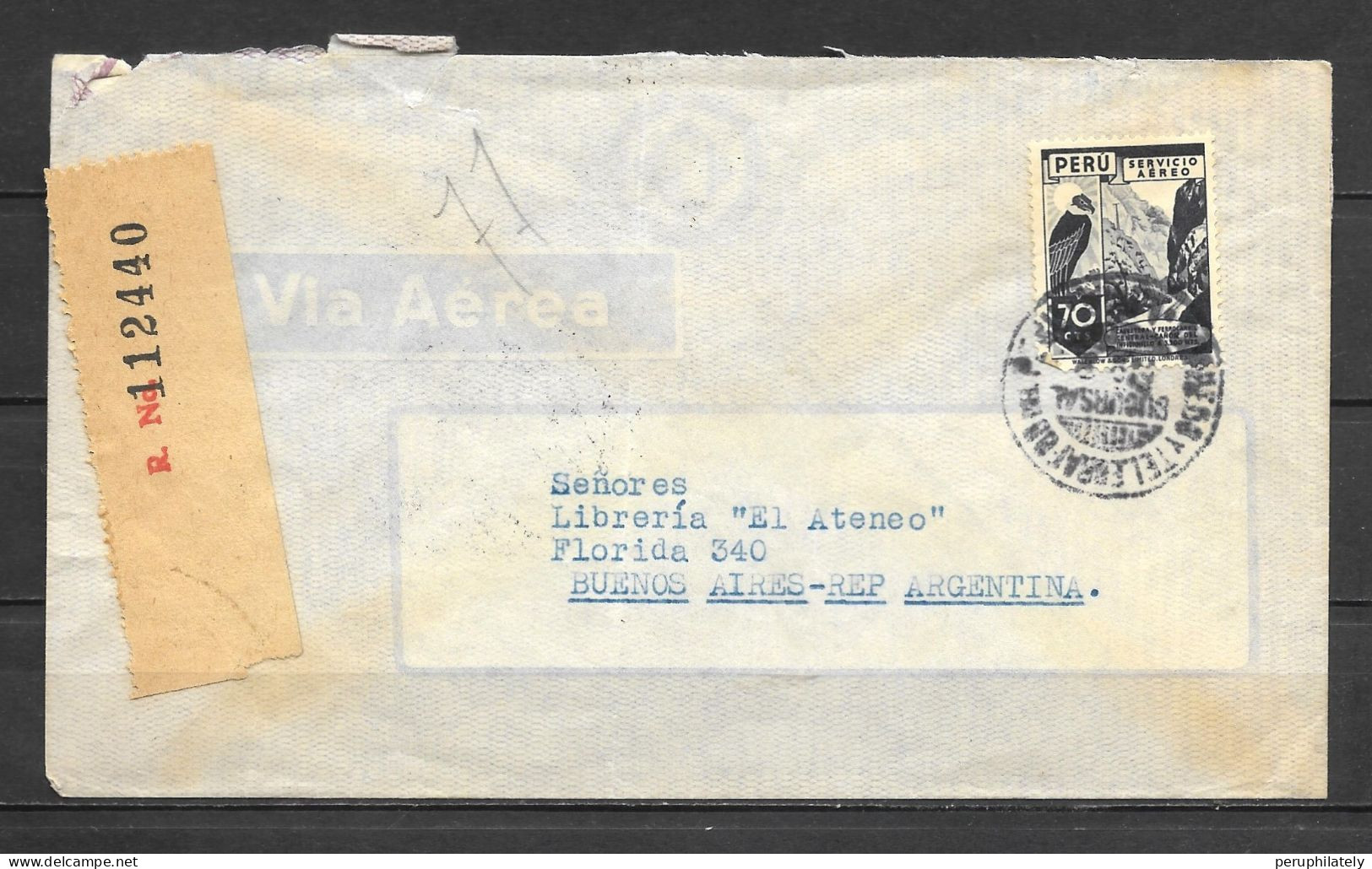 Peru Registered Cover With Condor Stamp Sent To Argentina - Peru