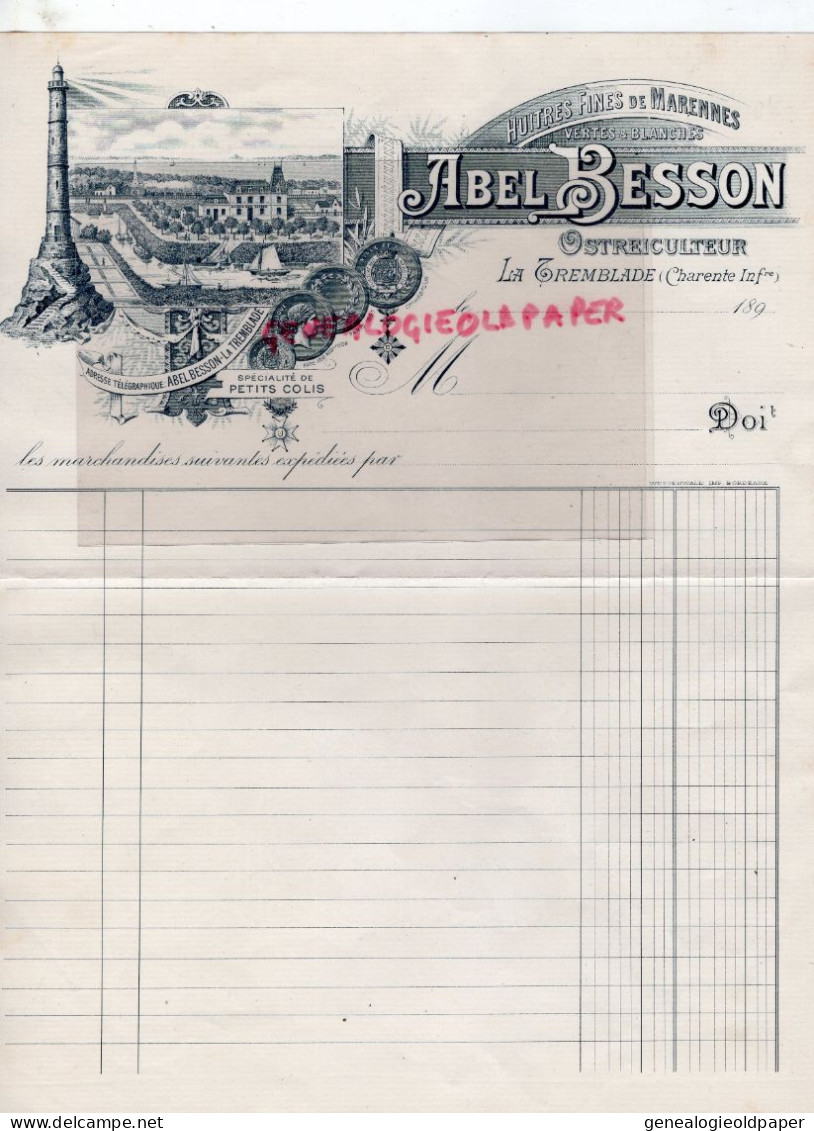 17- LA TREMBLADE- RARE FACTURE 1890 ABEL BESSON OSTREICULTEUR - HUITRES FINES DE MARENNES- PHARE -OSTREICULTURE - Petits Métiers