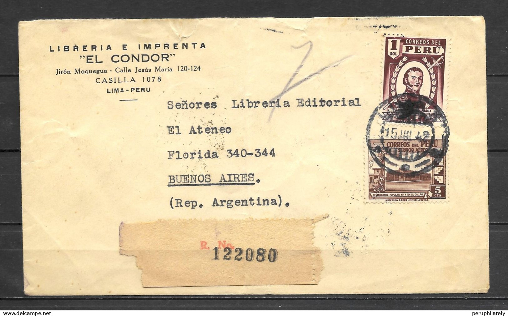 Peru Registered Cover , Libreria El Condor Sent To Argentina - Peru
