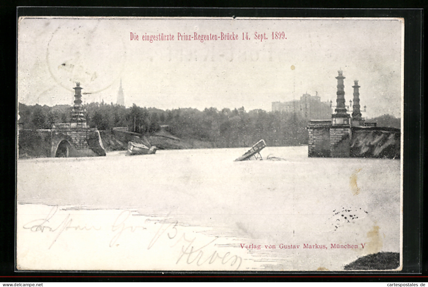 AK München, Die Eingestürzte Prinz-Regenten-Brücke 1899, Unwetter  - Inondations