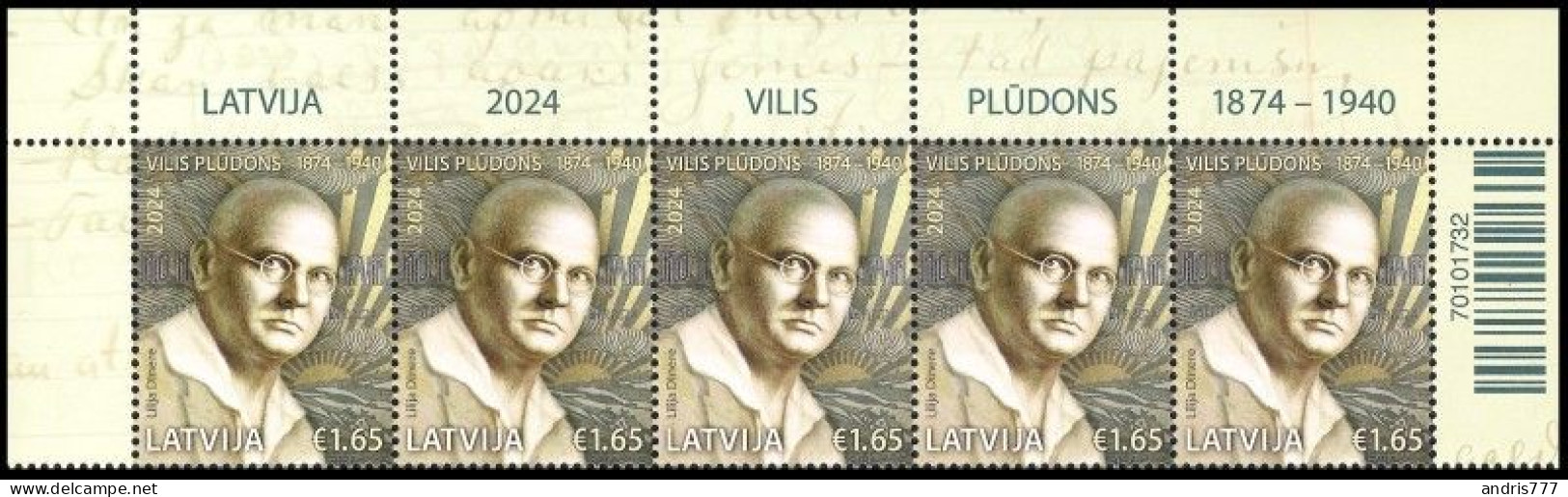 Latvia Lettland Lettonie 2024 (04) Vilis Pludons - 150 - Latvian Romantic Poet And Writer (strip Of 5) - Lettland