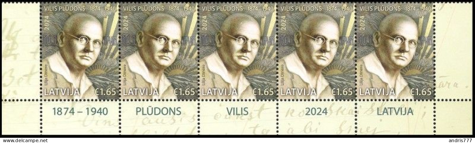 Latvia Lettland Lettonie 2024 (04) Vilis Pludons - 150 - Latvian Romantic Poet And Writer (strip Of 5) - Lettland