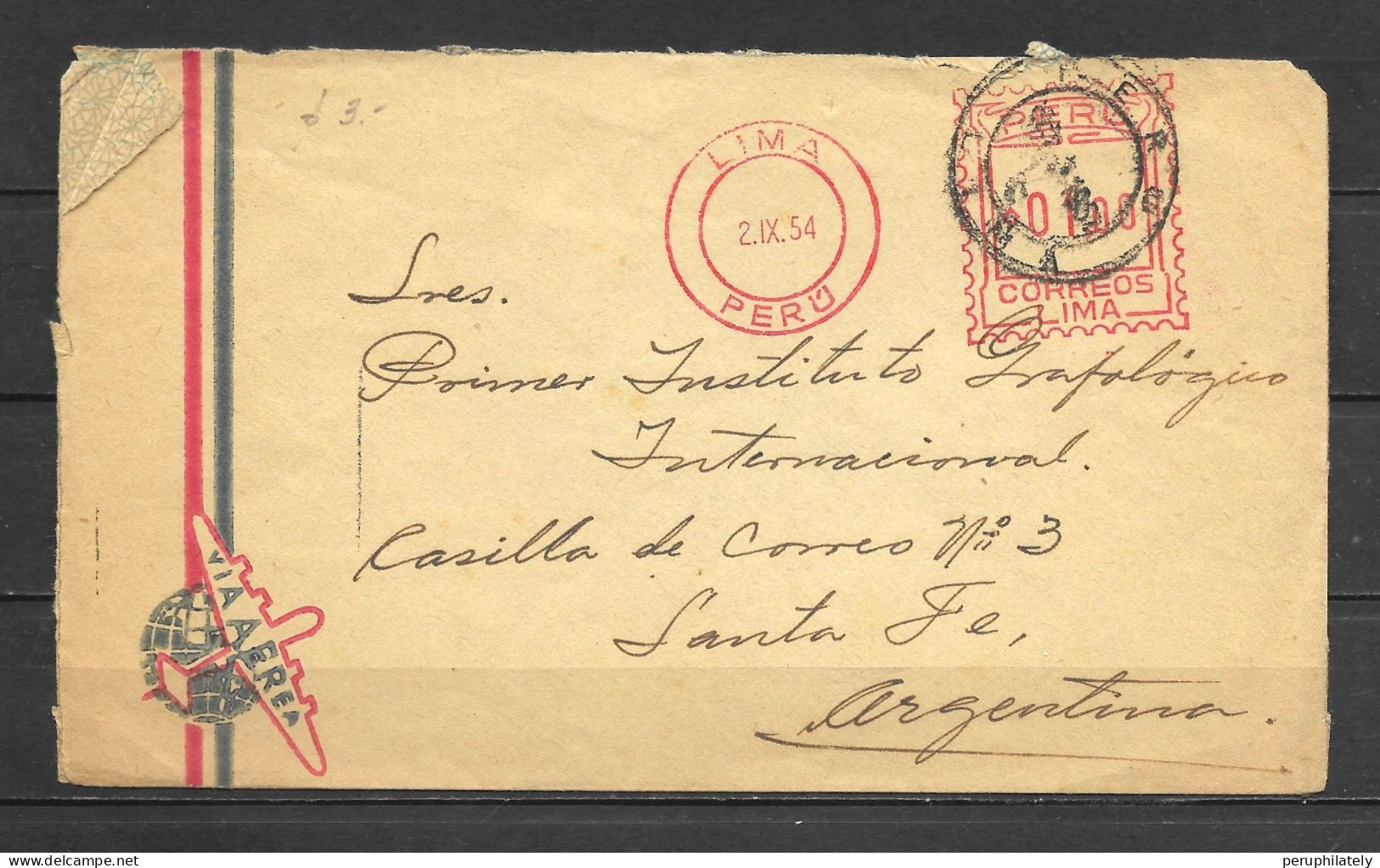 Peru Air Mail Interesting Cover With Machine Postage Sent To Santa Fe Argentina - Pérou