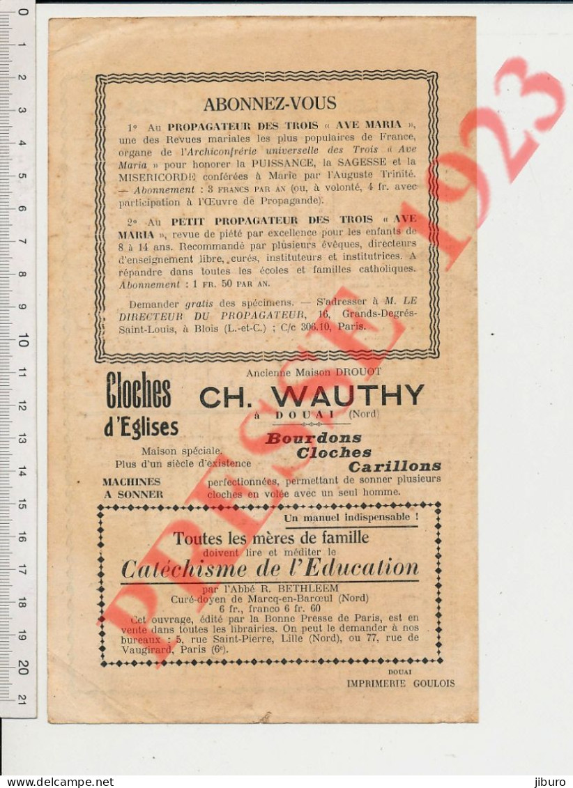 Publicité 1923 Cloches D'Eglises Wauthy Douai + Pub Pour Livre Catéchisme De L'Education Abbé Bethléem Marcq-en-Baroeul - Ohne Zuordnung