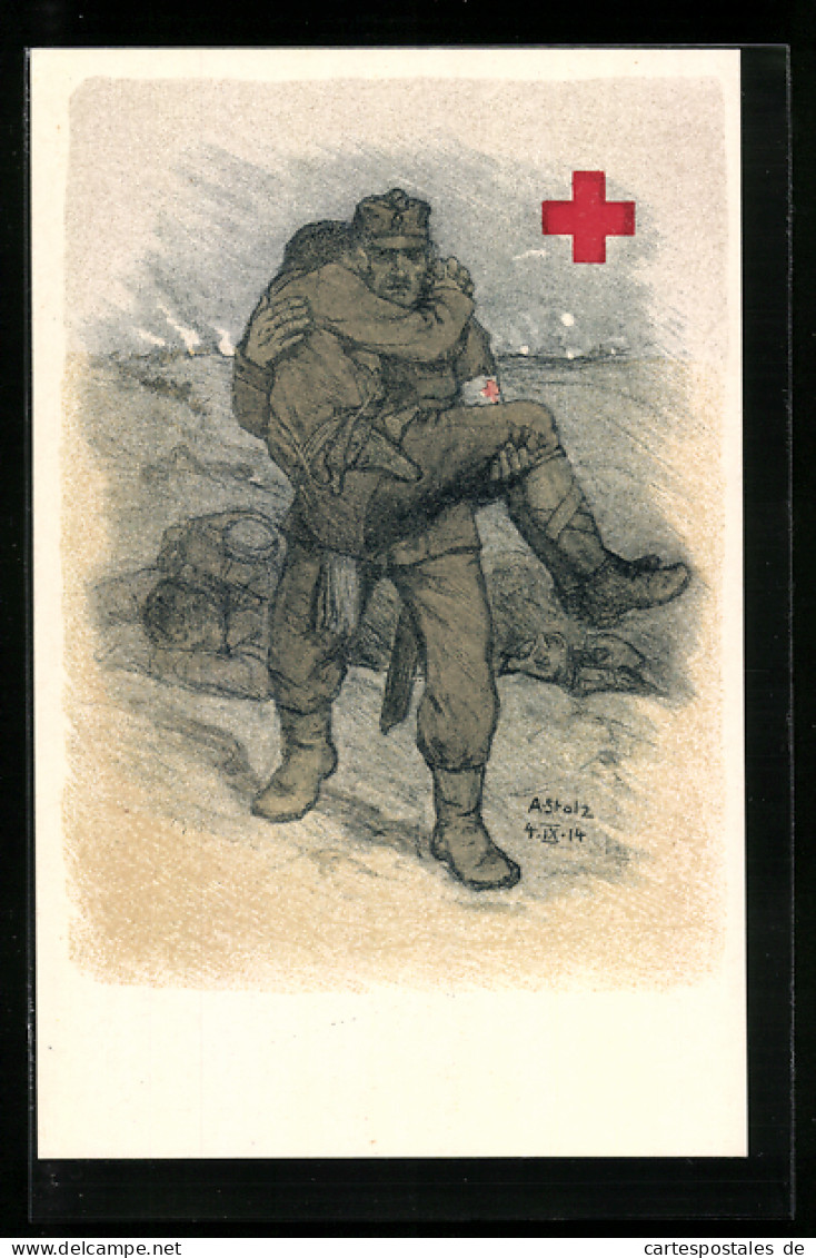 Künstler-AK Rot Kreuz Sanitäter Trägt Verwundeten Soldat Vom Schlachtfeld  - Red Cross