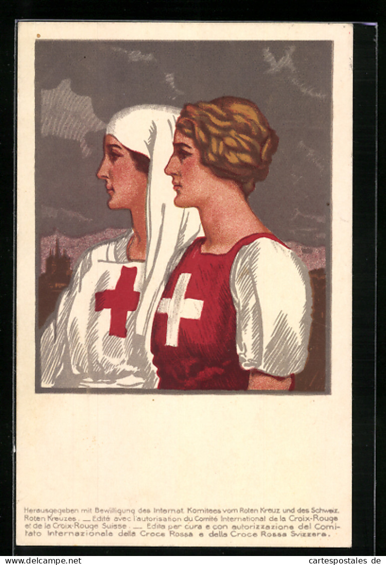 Lithographie Zwei Frauen In Roter Kreuz Uniform, Rotes Kreuz  - Rotes Kreuz