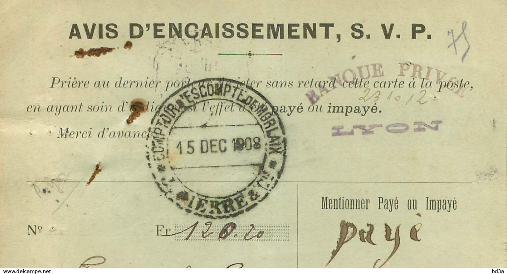 ENTIERS POSTAUX - N° 124 CPI - CACHET COMPTOIR D'ESCOMPTE  DE MORLAIX - 1908 - BANQUE PRIVEE  SAINT ETIENNE -  - AK Mit Aufdruck (vor 1995)