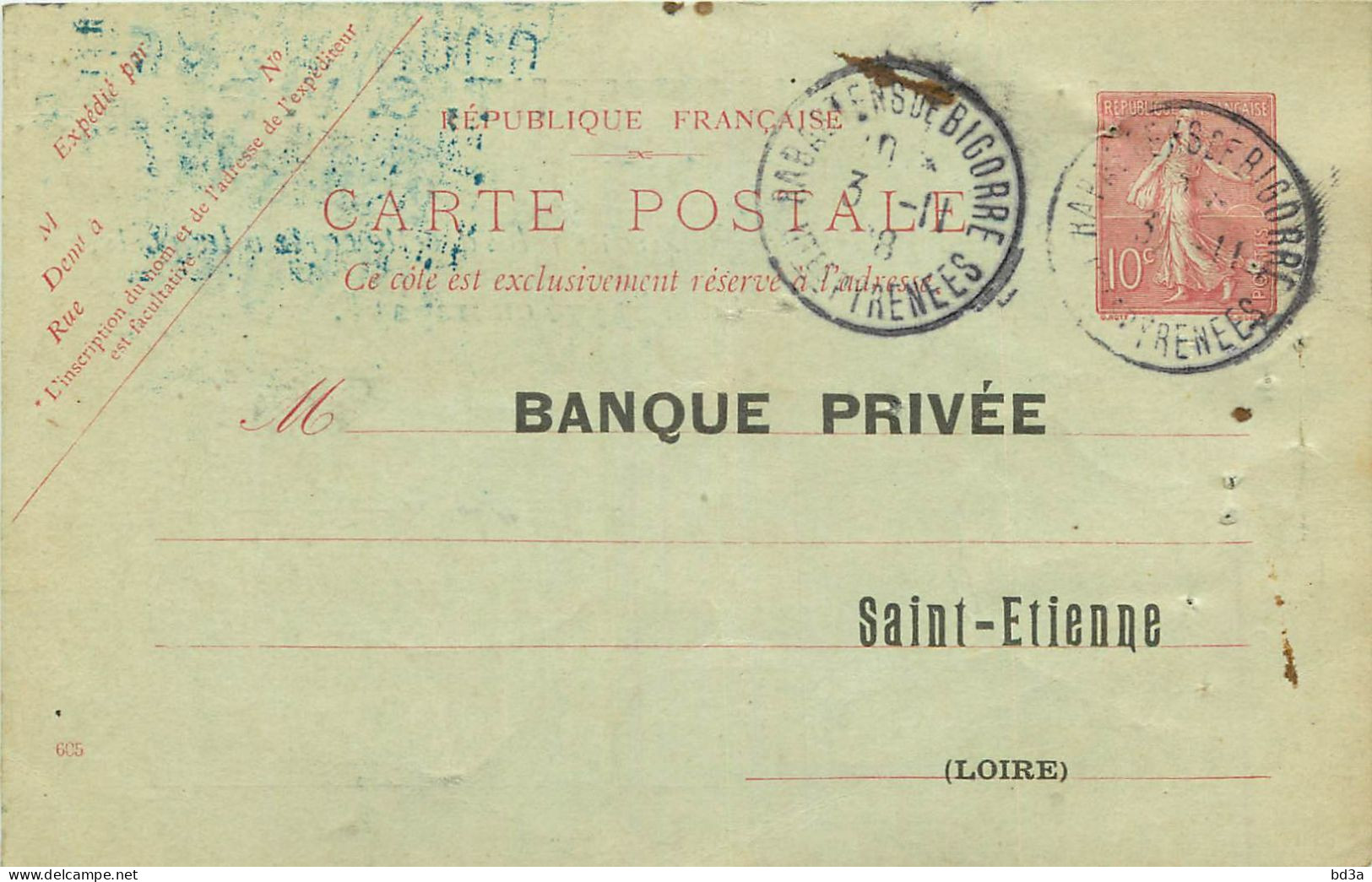 ENTIERS POSTAUX - N° 129 CPI -  RABASTENS DE BIGORRE  - 1908 - BANQUE PRIVEE  SAINT ETIENNE - AVIS D'ENCAISSEMENT - AK Mit Aufdruck (vor 1995)