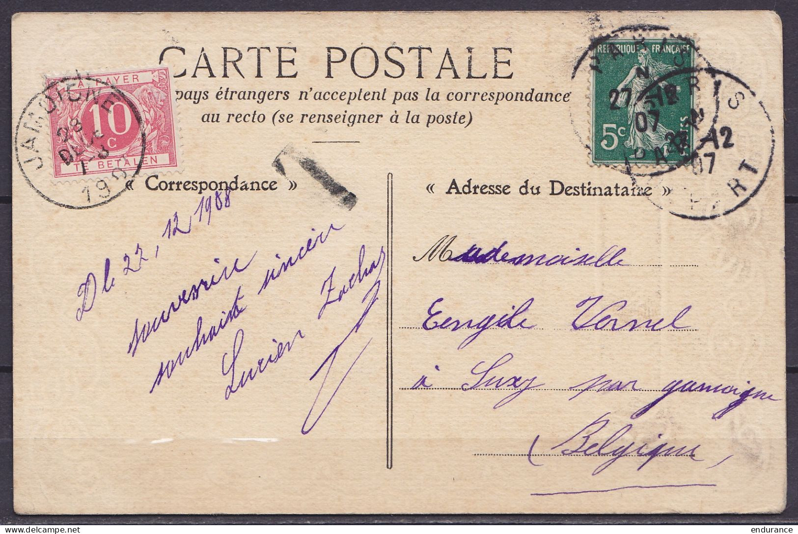 Carte De Vœux Affr. Semeuse 5c Vert Càd PARIS /23-12-1907/ DEPART Pour SUXY Par Jamoigne - Taxé 10c Càd JAMOIGNE /28 DEC - Covers & Documents