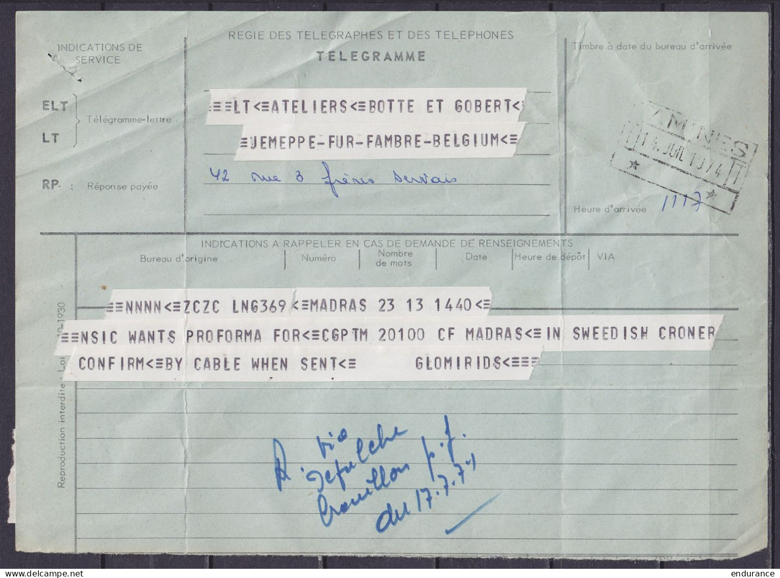 Télégramme De MADRAS Pour Ateliers Botte Et Gobert à JEMEPPE-sur-SAMBRE - Càd [TAMINES /14. JUIL 1974 - Telegraafzegels [TG]