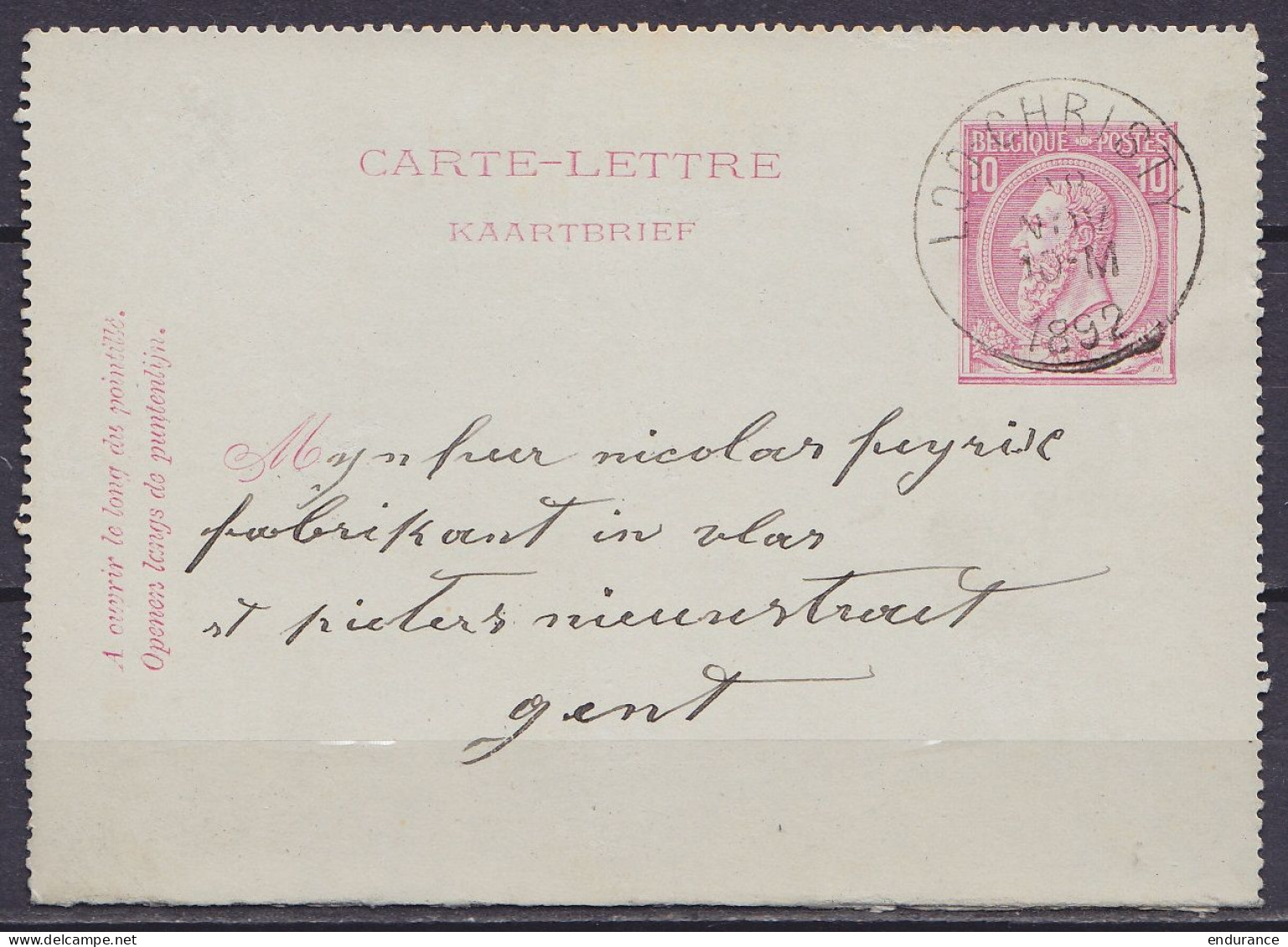 EP Carte-lettre 10c (N°46) Càd LOO-CHRISTY /28 NOV 1892 (Lochristi) Pour GENT (au Dos: Càd Arrivée GAND) - Carte-Lettere