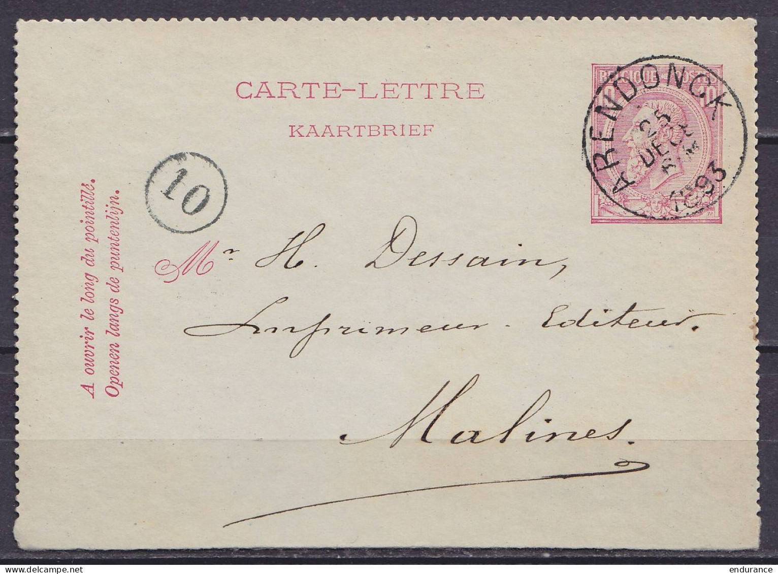 EP Carte-lettre 10c (N°46) Càd ARENDONCK /25 DEC 1893 (jour De Noël !) Pour MALINES  (au Dos: Càd Arrivée MALINES (STATI - Carte-Lettere
