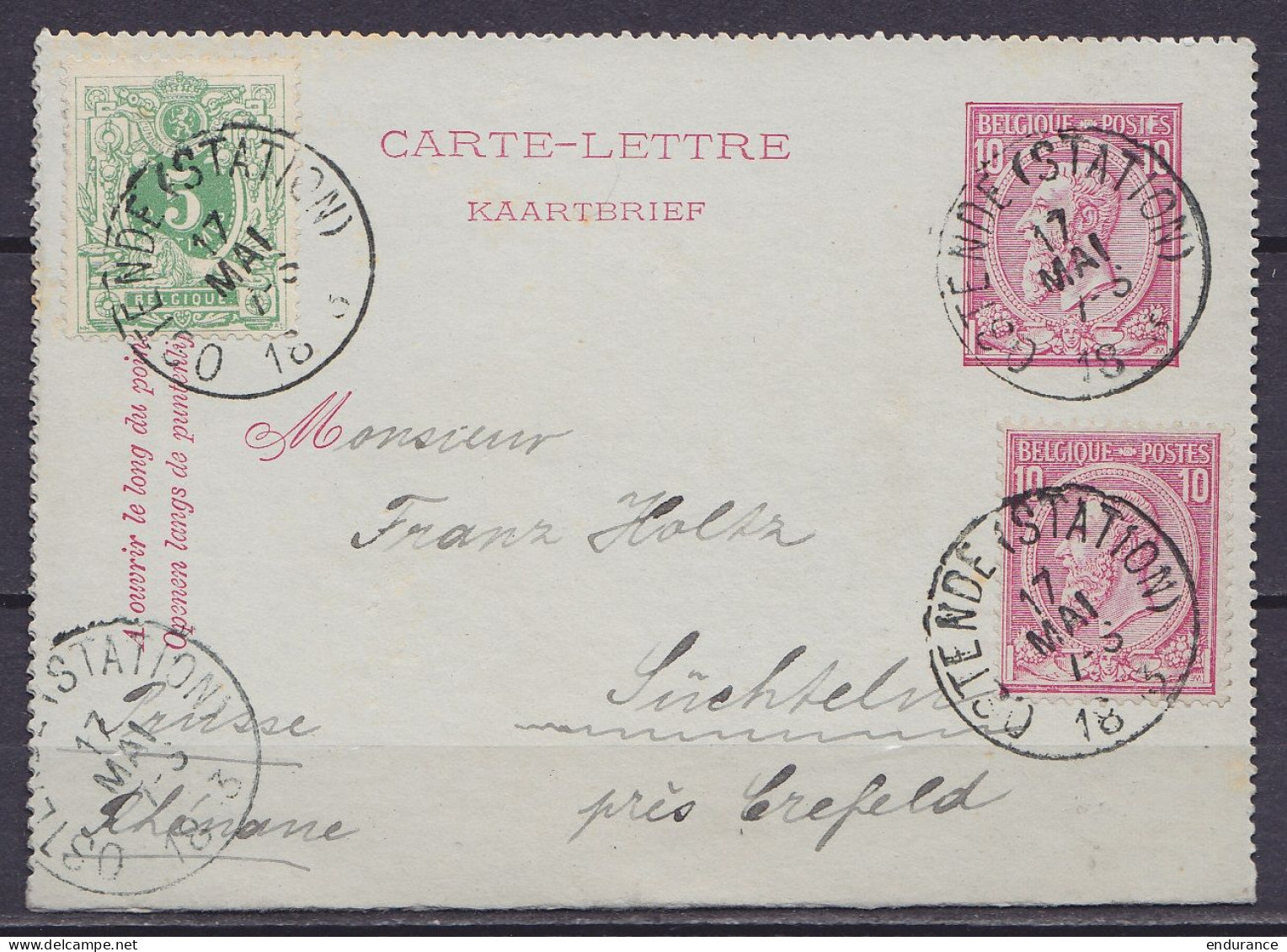 EP Carte-lettre 10c (N°46) + N°45+46 Càd OSTENDE (STATION) /17 MAI 1893 Pour Süchseln (?) Près CREFELD (Krefeld) (au Dos - Cartes-lettres