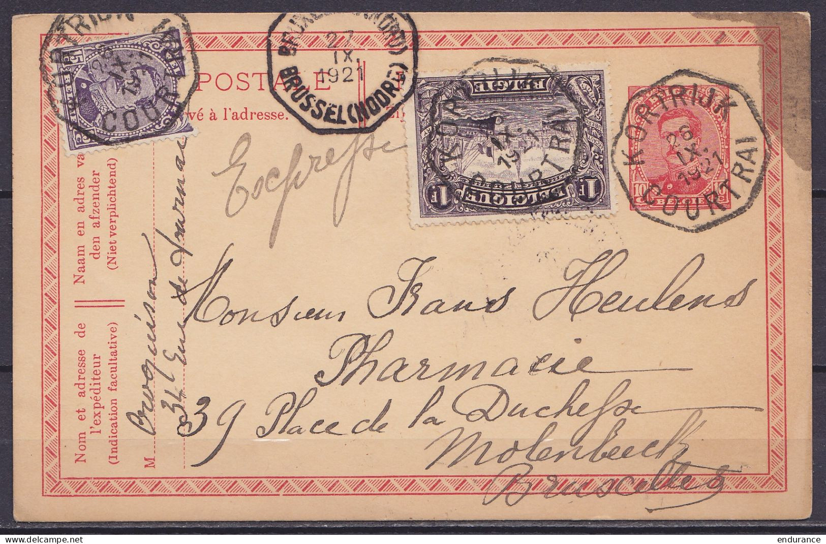 EP CP 10c (N°138) + N°139+145 Càd Octogon. KORTRIJK /26 IX 1921/ COURTRAI En EXPRES Pour MOLENBEEK - Càd Octogon. BRUXEL - Postkarten 1909-1934