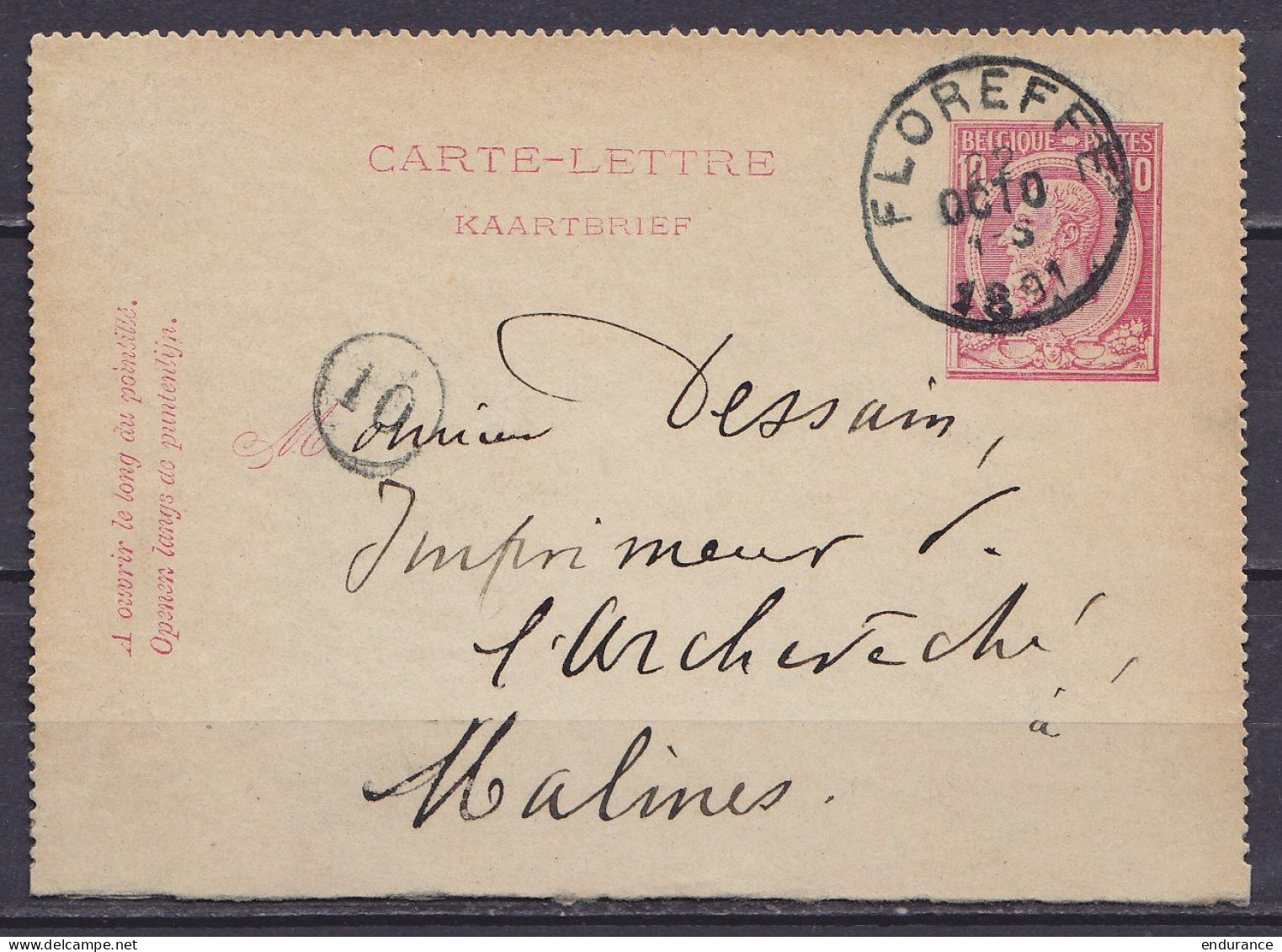 EP Carte-lettre 10c (N°46) Càd FLOREFFE /22 OCT 1891 Pour Imprimeur De L'Archevéché à MALINES (au Dos: Càd Arrivée MALIN - Kartenbriefe
