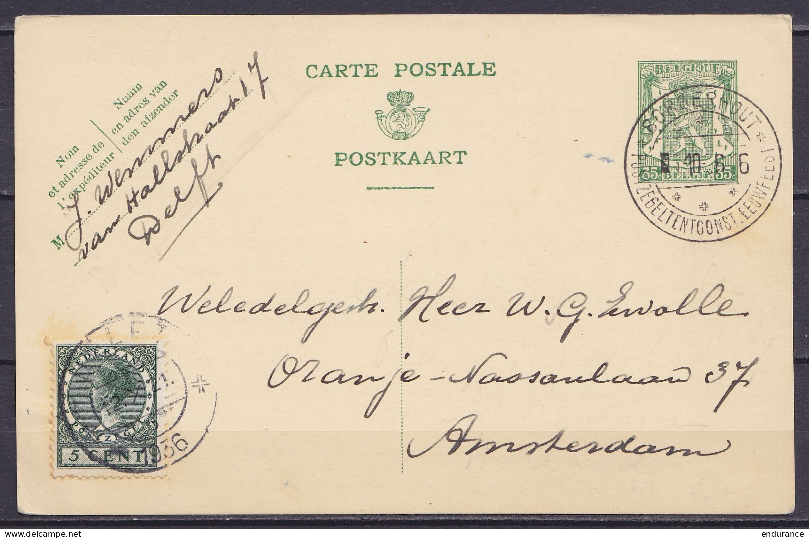 EP CP 35c (N°425) Càd "BORGERHOUT /1 X 1936/ POSTZEGELTENTOONST.EEUWFEEST" Expédiée De Hollande - Affr. 5c Càpt DELFT /1 - Cartes Postales 1934-1951