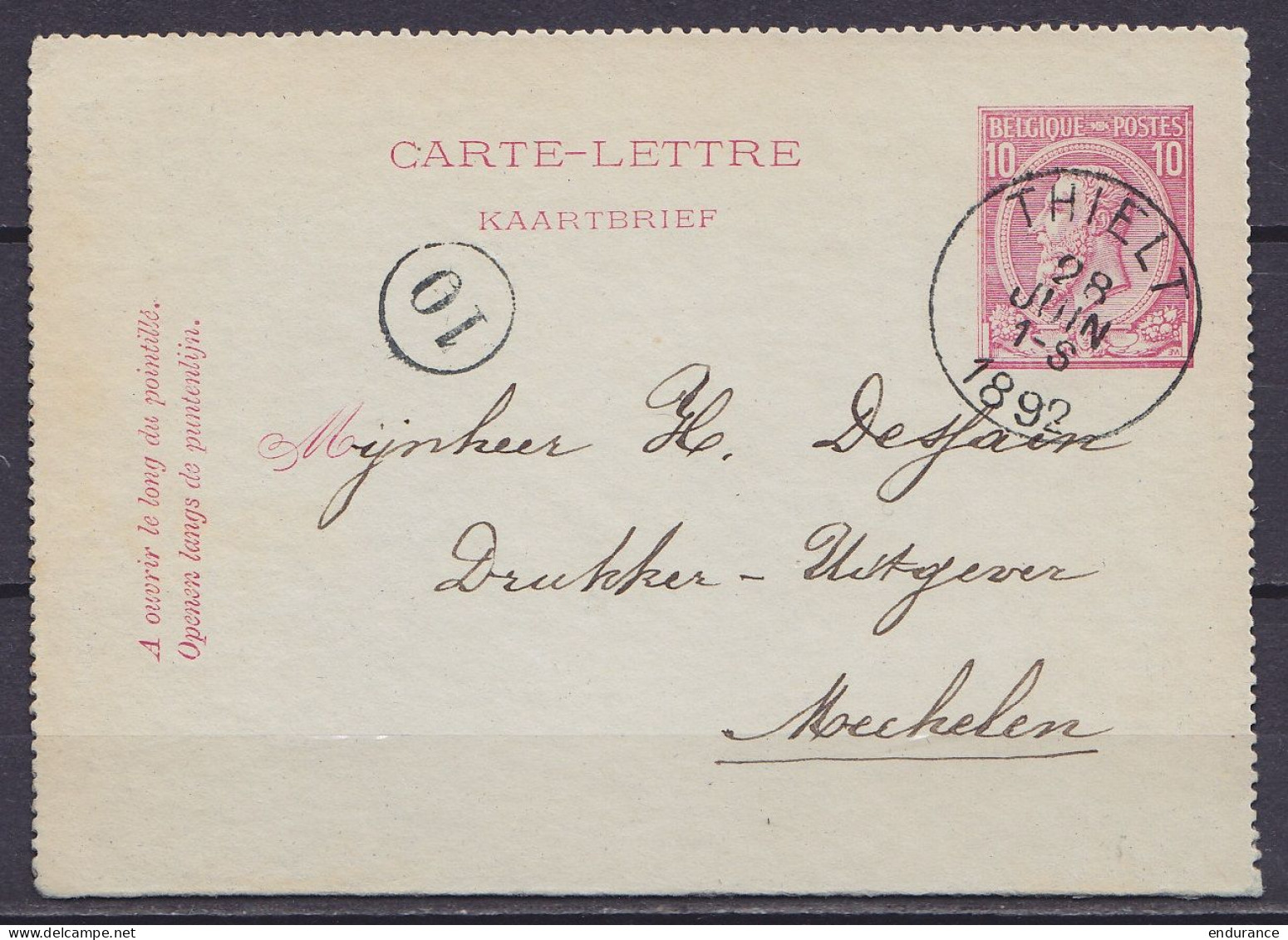 EP Carte-lettre 10c (N°46) Càd THIELT /28 JUIN 1892 Pour MECHELEN (au Dos: Càd Arrivée MALINES (STATION)) - Letter-Cards