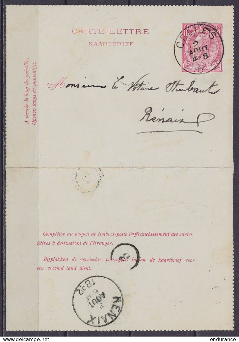 EP Carte-lettre 10c (N°46) Càd CELLES /2 AOUT 1892 Pour RENAIX (au Dos: Càd Arrivée RENAIX) - Cartes-lettres