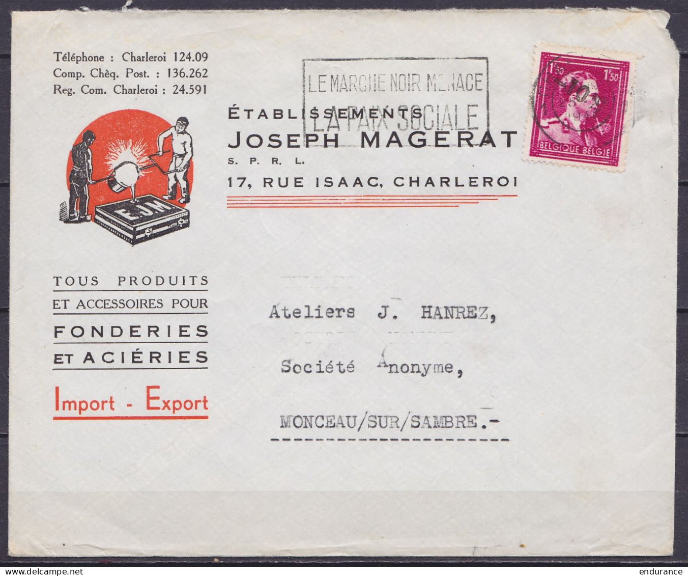 L. "Produits Pour Fonderies & Aciéries Magerat" Affr. "-10%" Surcharge Locale Flam. "CHARLEROI 1/25.XI 1946/ LE MARCHE N - 1946 -10%