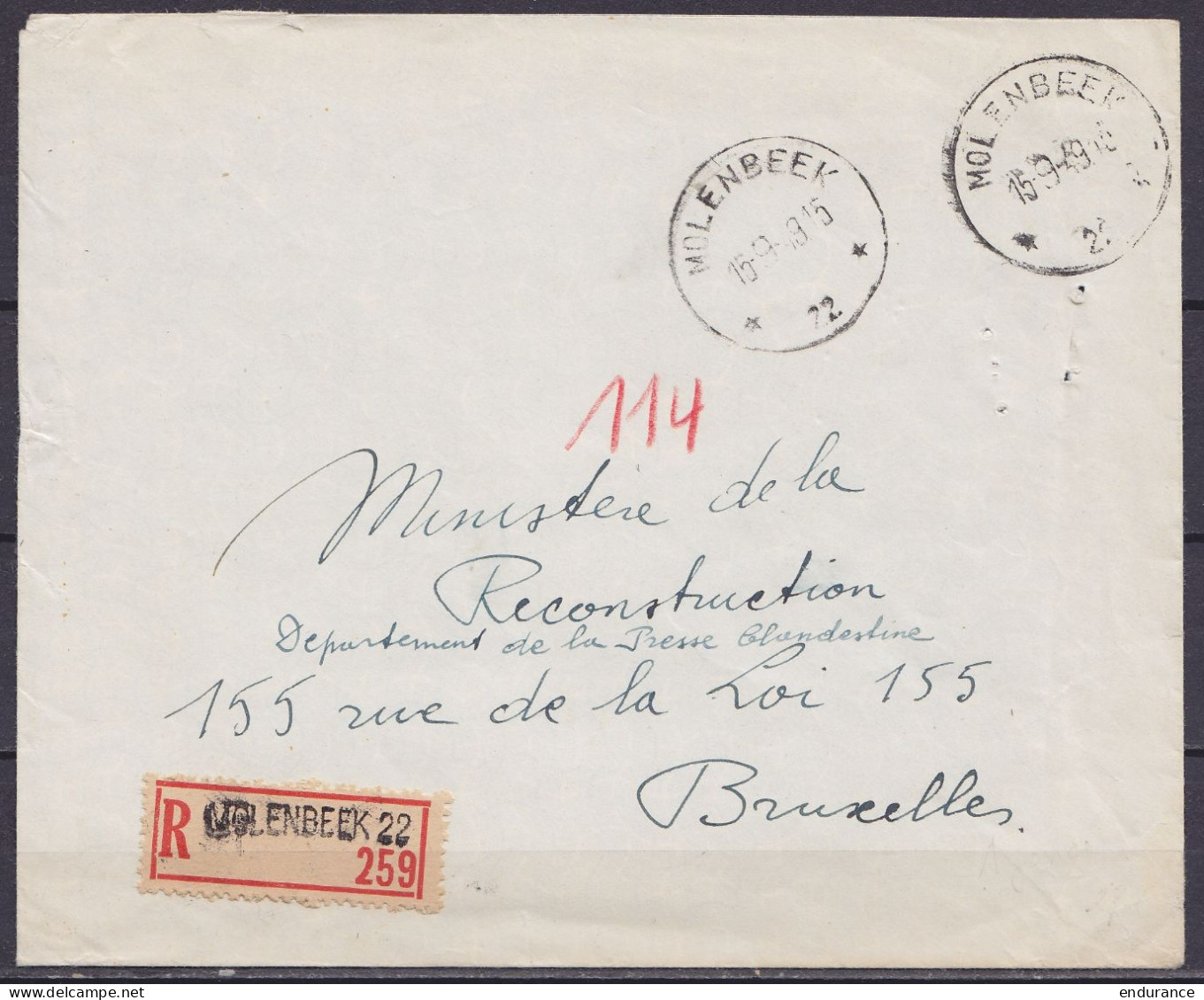 L. Recommandée Non-affranchie (franchise) Càd Agence "MOLENBEEK /15-9-1949/ *22*" Pour BRUXELLES - Postmarks With Stars