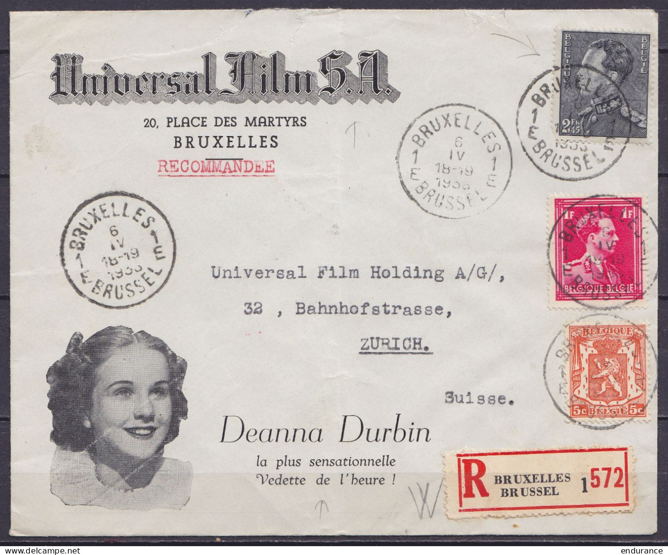 L. Recommandée "Universal Films" (actrice Deanna Durbin) Affr. N°419+428+432 Càd BRUXELLES 1E/6 IV 1938 Pour Universal F - 1936-51 Poortman