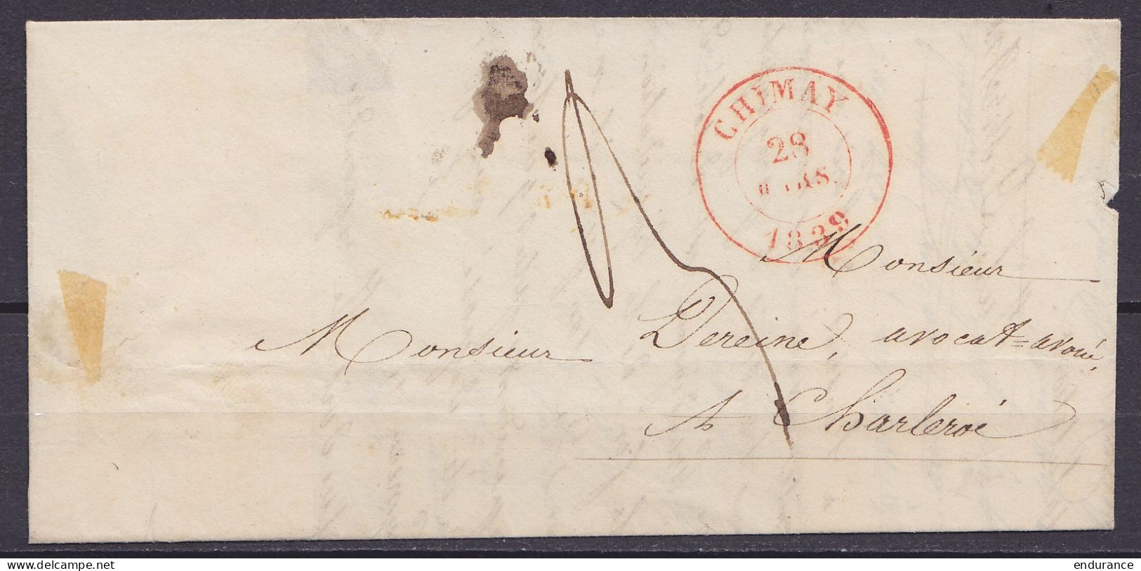 L. Càd CHIMAY /28 MARS 1839 Pour Avocat à CHARLEROI (au Dos: Càd Arrivée CHARLEROI) - 1830-1849 (Belgique Indépendante)