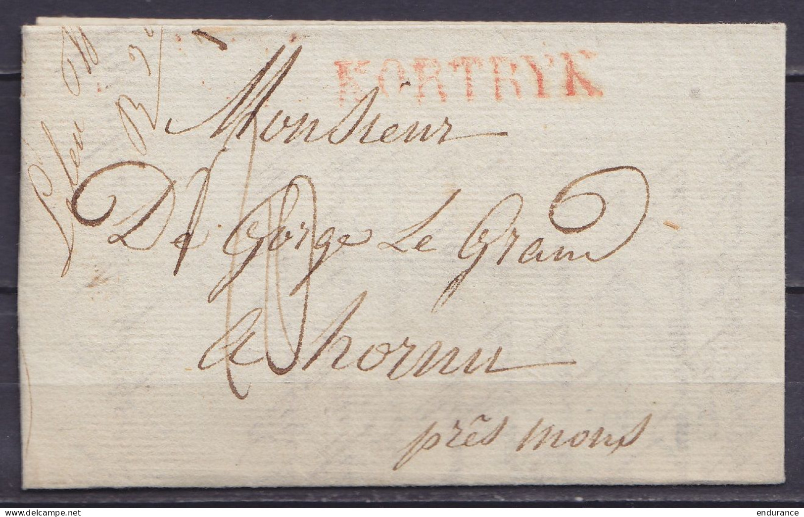 L. Datée 27 Avril 1829 De CUESMES Pour HORNU Près MONS - Griffe "KORTRYK (?!) - Port "10" (au Dos: Càd Arrivée BERGEN /3 - 1815-1830 (Période Hollandaise)