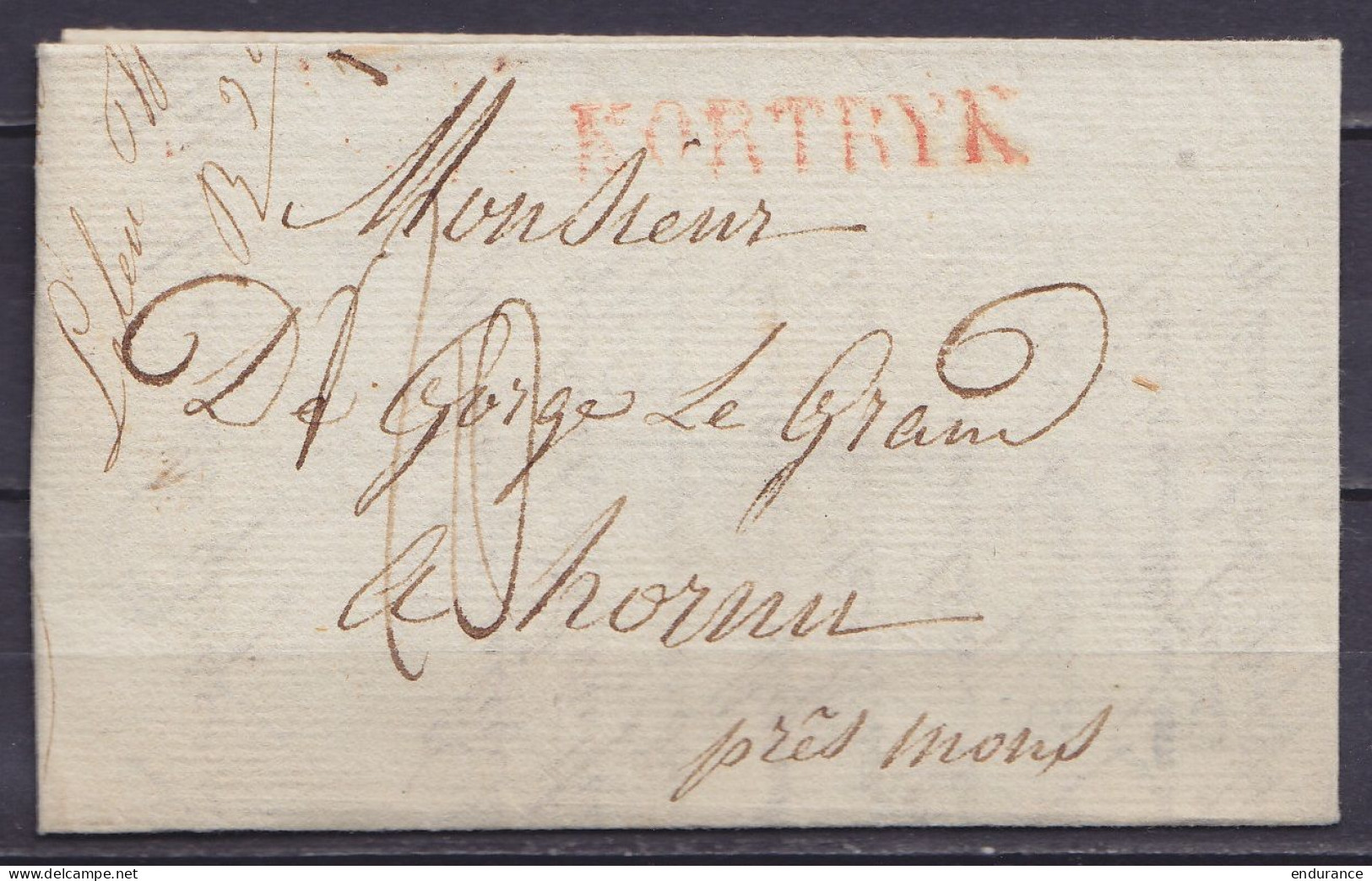 L. Datée 27 Avril 1829 De CUESMES Pour HORNU Près MONS - Griffe "KORTRYK (?!) - Port "10" (au Dos: Càd Arrivée BERGEN /3 - 1815-1830 (Hollandse Tijd)